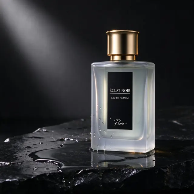 Before: studio photo of a perfume bottle on black stone